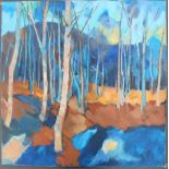 Kenneth Long A woodland scene in blues and oranges Oil on canvas 91 x 91cm
