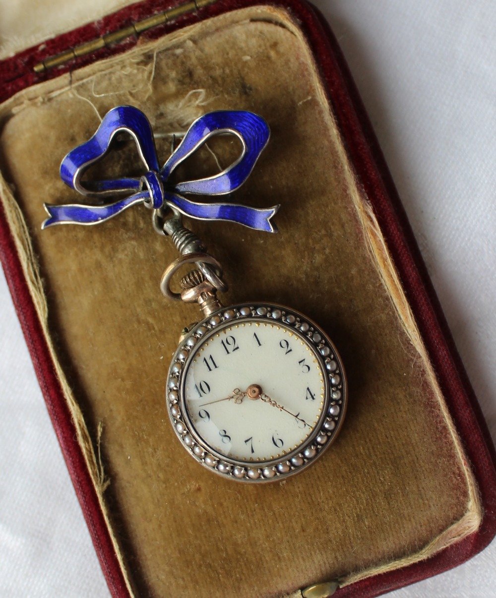 A French white metal, enamel and seed pearl decorated fob watch, - Image 2 of 4