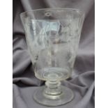 A 19th century oversize drinking glass, the flared bowl engraved with vine leaves and hops,