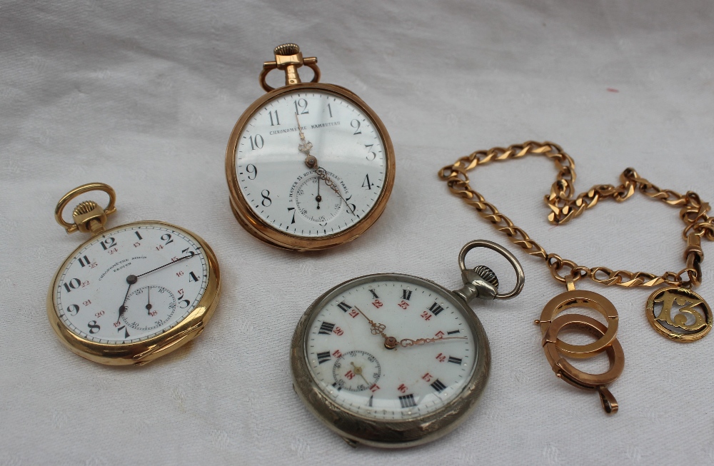 A continental yellow metal open faced pocket watch,