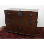 A Continental pine blanket box, the rectangular top with cast iron straps and clasp,