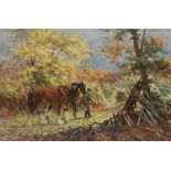 Rosemary Sarah Welch Autumn Carpet Shires horses in a wooded landscape Oil on canvas Signed and