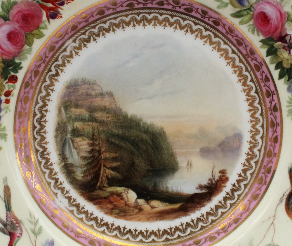 A continental porcelain plate with a scalloped edge painted to the centre with an image of Lake - Image 2 of 6