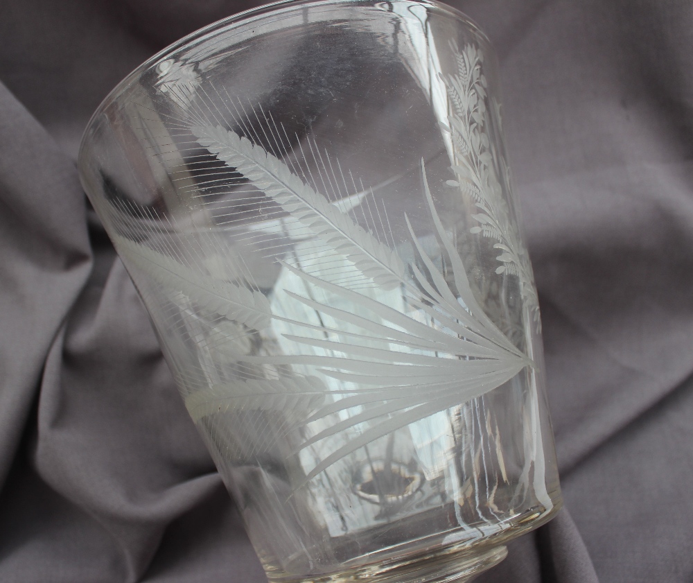 A 19th century oversize drinking glass, the flared bowl engraved with vine leaves and hops, - Image 3 of 5