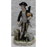 A Continental porcelain figure of a piper with a dog and sheep at his feet on a circular base,