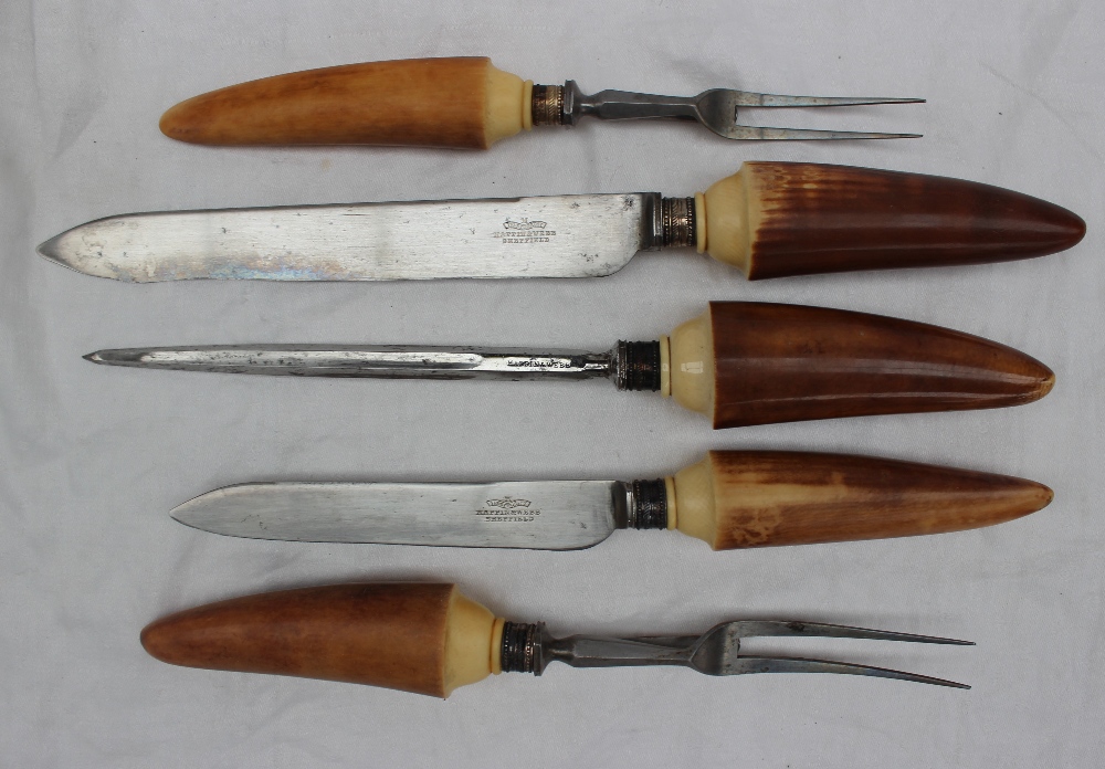 A late Victorian / Edwardian Mappin and Webb steel and ivory five piece carving set, - Image 3 of 4