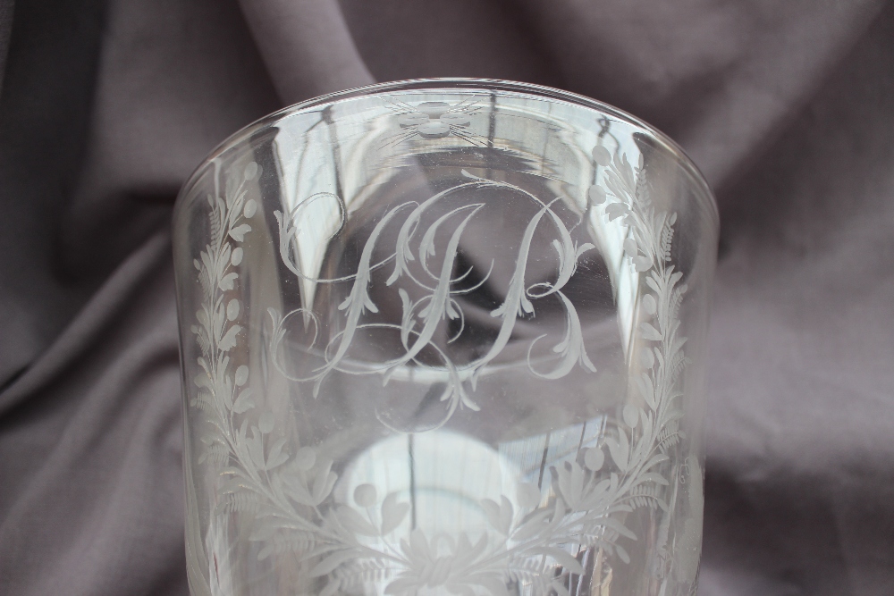 A 19th century oversize drinking glass, the flared bowl engraved with vine leaves and hops, - Image 4 of 5