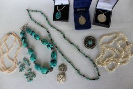 Two pearl necklaces together with assorted turquoise set necklaces and white metal jewellery