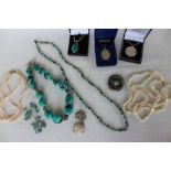 Two pearl necklaces together with assorted turquoise set necklaces and white metal jewellery