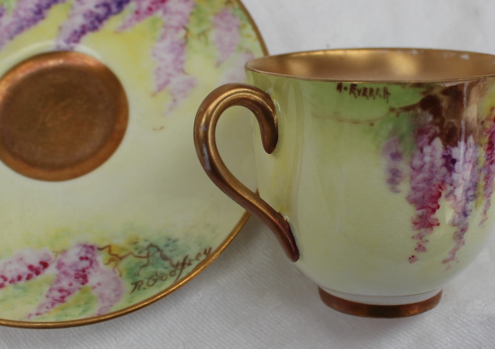 A Royal Worcester porcelain cabinet cup and saucer, painted with wisteria to a yellow ground, - Image 3 of 9