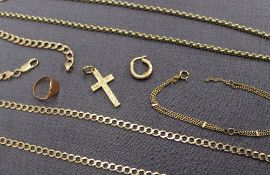 Assorted 9ct yellow gold jewellery including a cross, necklaces, bracelets, signet ring etc,