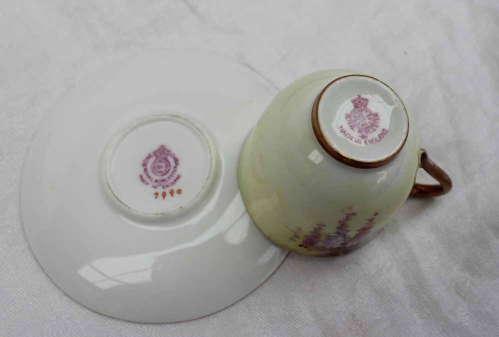 A Royal Worcester porcelain cabinet cup and saucer, painted with wisteria to a yellow ground, - Image 4 of 9