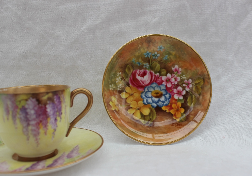 A Royal Worcester porcelain cabinet cup and saucer, painted with wisteria to a yellow ground, - Image 2 of 9