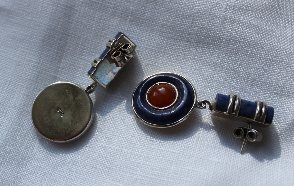 A pair of lapis lazuli and white metal drop earrings with a domed panel and circular panel marked - Image 2 of 2