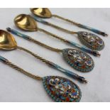 A set of six Russian cloisonne enamel and gilt decorated spoons,