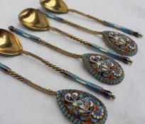 A set of six Russian cloisonne enamel and gilt decorated spoons,