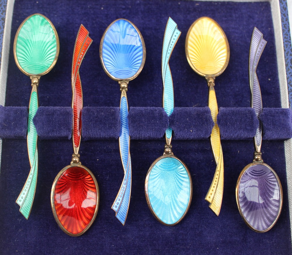 A set of six Elizabeth II silver gilt and enamel decorated coffee spoons, - Image 2 of 3