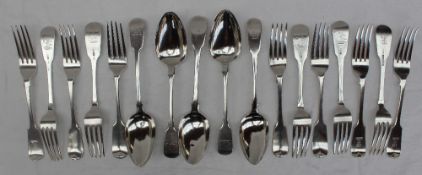 A set of four George III Irish silver fiddle pattern table forks, Dublin, 1813, Samuel Neville,