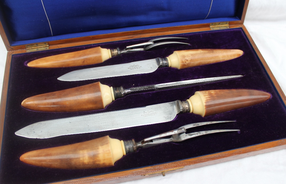 A late Victorian / Edwardian Mappin and Webb steel and ivory five piece carving set, - Image 2 of 4