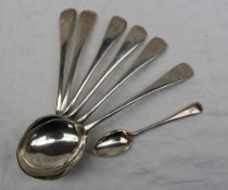 A set of six George V silver soup spoons, engraved “R” London, 1929,