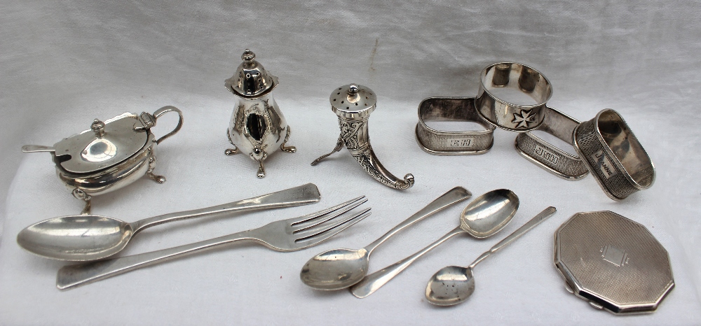 A set of three George VI silver napkin rings, Birmingham, 1946 together with silver spoons, - Image 2 of 8