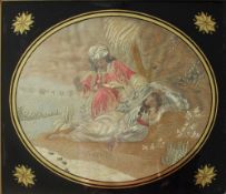 A George III silkwork picture of oval form depicting a figure in a turban and a reclining maiden