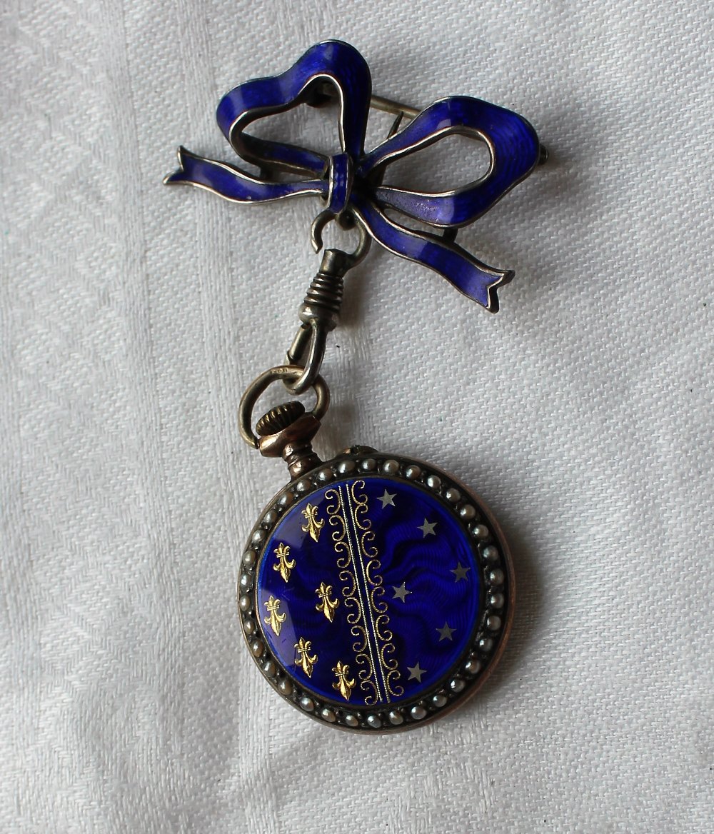 A French white metal, enamel and seed pearl decorated fob watch, - Image 4 of 4