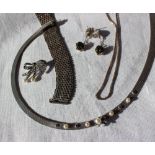 A white metal, pearl and marcasite set necklace, marked silver,