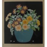 John Hall Thorpe (1874-1947) Primulas and Forget-me-Nots in a Blue Vase, Woodblock Print,