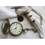 A silver hunter pocket watch, the enamel dial with Roman numerals and a seconds subsidiary dial,