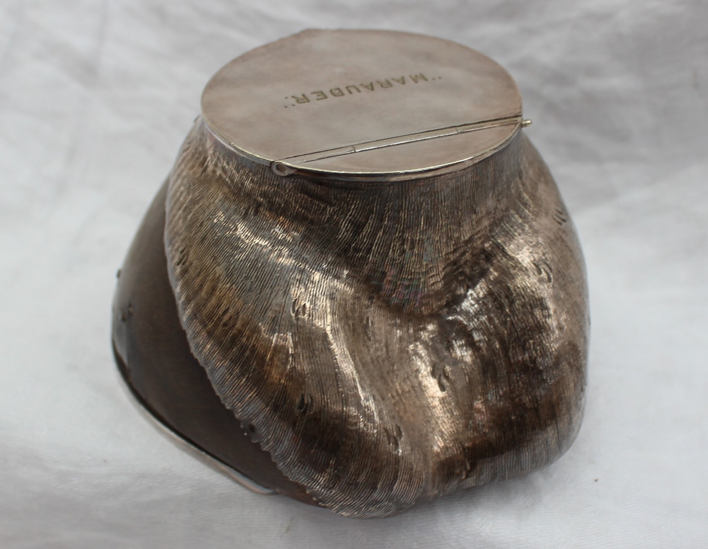 A Rowland Ward electroplated mounted horse's hoof, the circular hinged cover inscribed "Marauder", - Image 3 of 6