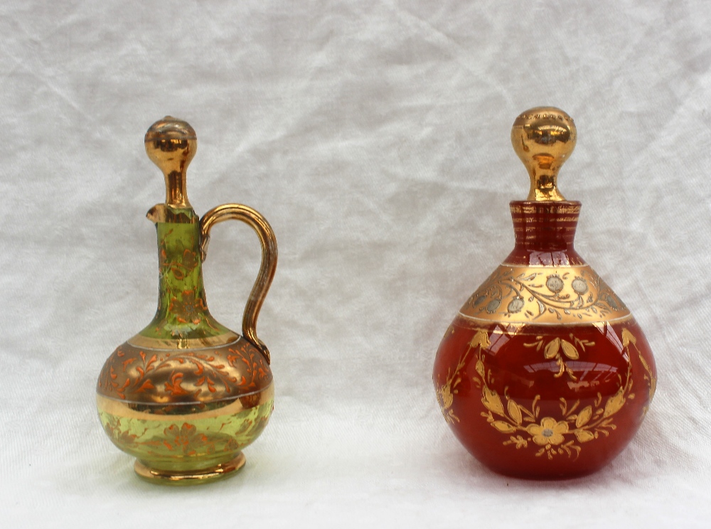 A ruby glass scent bottle with gilt jewelled decoration together with another scent bottle, - Image 3 of 4