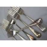 A set of six late Victorian silver bead decorated table forks, London, 1892,