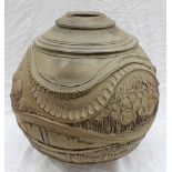 A large studio pottery vase, decorated with stylised landscape scenes, impressed mark,