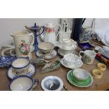 A Staffordshire pottery flatback of Wesley in a pulpit together with a Denby jug,