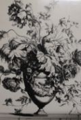 A large black and white print of a vase of flowers