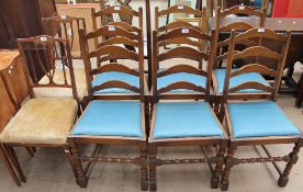 A set of six 20th century oak ladder back dining chairs together with a pair of inlaid Edwardian