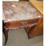 A marble topped side table with a square top above a frieze drawer on cabriole legs and scrolling