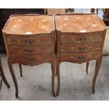 A pair of 20th century French kingwood and marquetry decorated three drawer bedside cabinets on