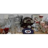 An oak mantle clock together with a telephone, glass bowls and dishes, carnival glass, glass,