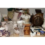 A Belleek vase together with mantle clocks, Colclough part tea service, Poole pottery part tea set,