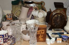 A Belleek vase together with mantle clocks, Colclough part tea service, Poole pottery part tea set,