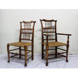 A set of ten Liverpool ash spindle back dining chairs with rush sets on turned legs on pad feet,