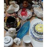 A Gaudy Welsh pottery jug together with other jugs, a Staffordshire dog, commemorative mugs,