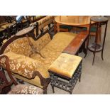 A Victorian upholstered chaise longue together with a bench seat, wine table,