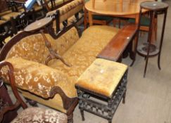 A Victorian upholstered chaise longue together with a bench seat, wine table,