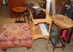 An upholstered stool together with a tea trolley, occasional table, modern wall clock, Roman blinds,