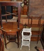 A Victorian walnut four shelf whatnot together with a three tier metal table,