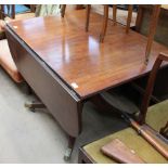 A Regency mahogany sofa table with drop flaps on a single pedestal and brass cappings