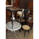 Two bar stools with bar backs together with a metal and beregere chair, a part set of golf clubs,